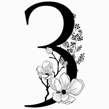 Vector Hand Drawn floral Number Three monogram and logo Stock Illustration