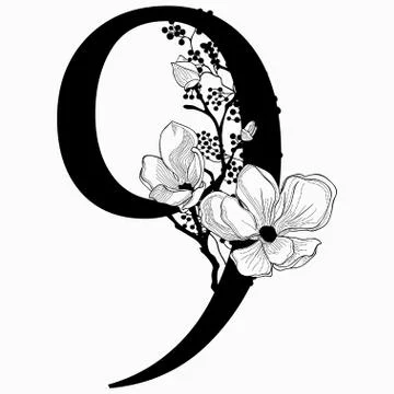 Vector Hand Drawn floral Number Nine monogram and logo Stock Illustration