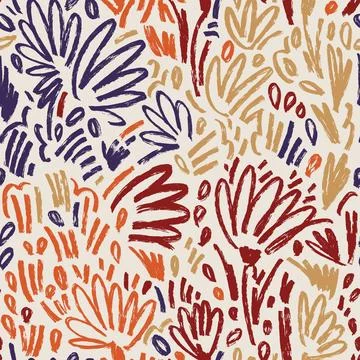 Vector hand drawn floral seamless pattern. Dry brush style botanical backdr.. Stock Illustration