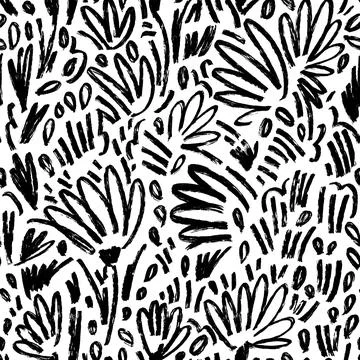 Vector hand drawn floral seamless pattern. Dry brush style botanical backdr.. Stock Illustration