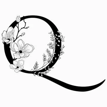 Vector Hand Drawn floral uppercase Q monogram and logo Stock Illustration