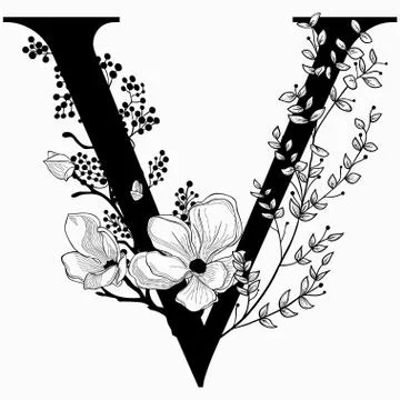 Vector Hand Drawn floral uppercase V monogram and logo Stock Illustration