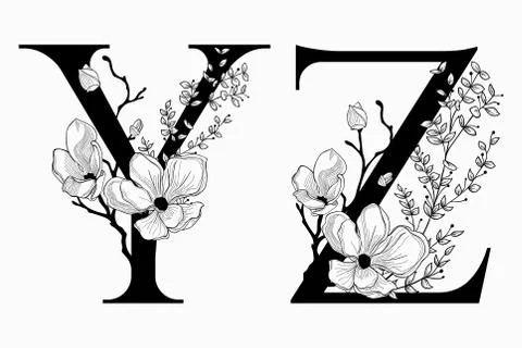 Vector Hand Drawn floral uppercase letters monograms Stock Illustration