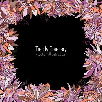 Vector hand drawn flower border of asters, daisies, green leaves, botanical Stock Illustration