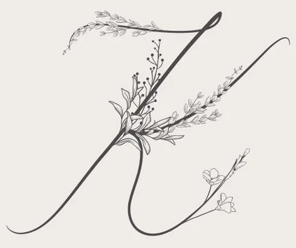 Vector Hand Drawn Flowered K monogram and logo Stock Illustration