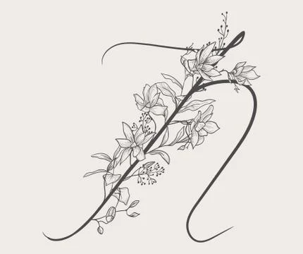 Vector Hand Drawn Flowered N monogram and logo Stock Illustration
