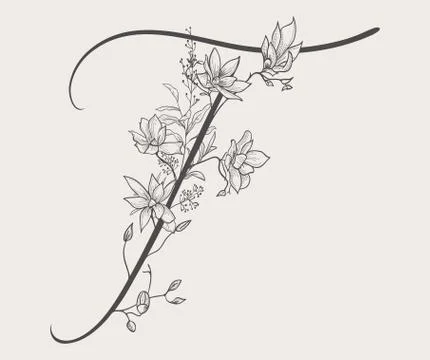 Vector Hand Drawn Flowered Uppercase T monogram and logo Stock Illustration