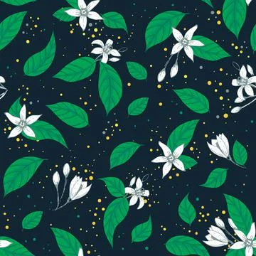 Vector hand drawn flowers and leaves dark seamless pattern print background. Stock Illustration