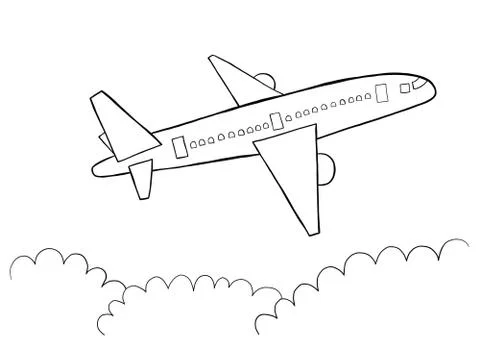 Vector hand drawn of flying airplane. Black outlines and white background. Stock Illustration