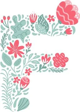 Vector Hand Drawn Font Letter F with Flowers and Branches Blossom Spring. Floral Stock Illustration