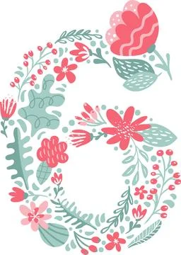 Vector Hand Drawn Font Number 6 six with Flowers and Branches Blossom Spring Stock Illustration