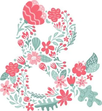 Vector Hand Drawn Font Sign ampersand with Flowers and Branches Blossom Spring Stock Illustration