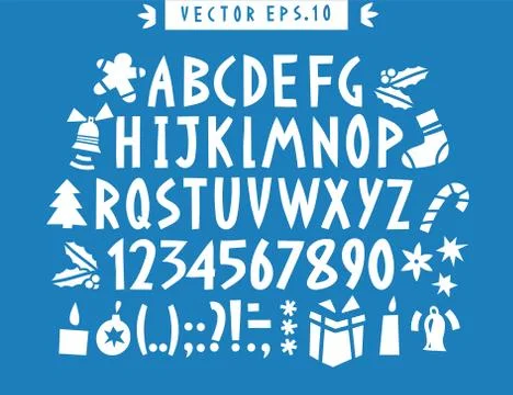 Vector hand drawn funny alphabet. Hand drawn latin letters, numbers and chris Stock Illustration