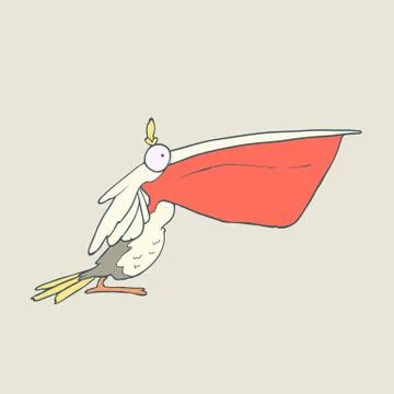 Vector hand drawn funny bird pelican with red beak on plain background Stock Illustration