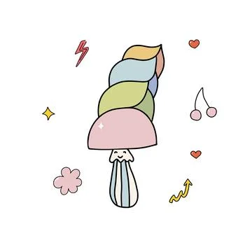 Vector hand-drawn funny cute comic character mushroom in doodle groovy style Stock Illustration