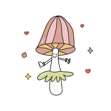 Vector hand-drawn funny cute comic character mushroom in doodle groovy style Stock Illustration