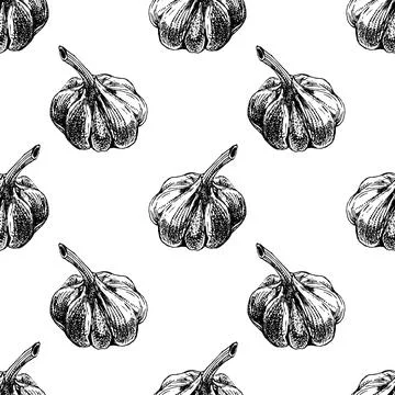 Vector hand drawn of garlic. Herbs and spices sketch illustration seamless pa Illustrazione stock