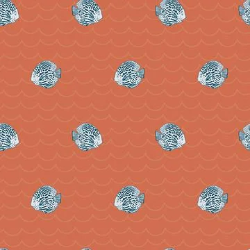 Vector hand drawn geometric discus and wavy lines fish seamless pattern print Stock Illustration