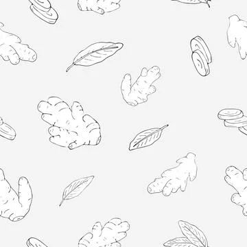 Vector hand-drawn Ginger seamless pattern on gray background Stock Illustration