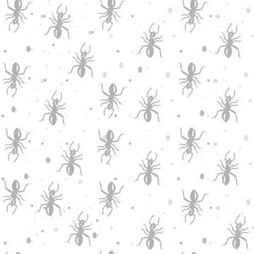 Vector hand-drawn gray ants on a light white background, seamless pattern with Stock Illustration