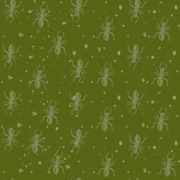Vector hand-drawn gray ants on a dark green background, seamless pattern with Stock Illustration