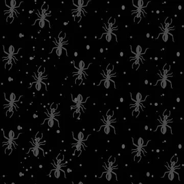 Vector hand-drawn gray ants on a dark black background with bread crumbs and Illustrazione stock