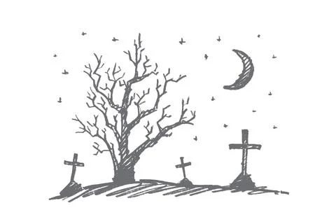 Vector hand drawn Halloween concept sketch. Cemetery with graves, lonely autumn Stock Illustration