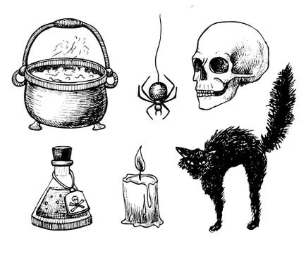 Vector hand drawn Halloween set. Vintage illustration. Stock Illustration