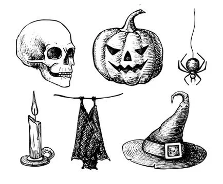 Vector hand drawn Halloween set. Vintage illustration. Stock Illustration