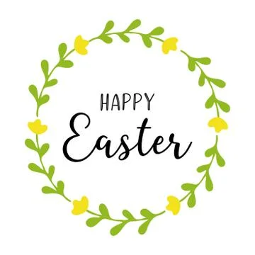 Vector hand drawn Happy Easter quote with floral wreath in pastel colors Stock Illustration