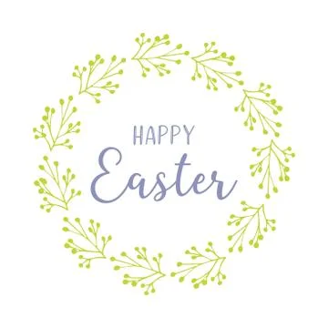 Vector hand drawn Happy Easter quote with green wreath. Lettering for ad, poster Stock Illustration