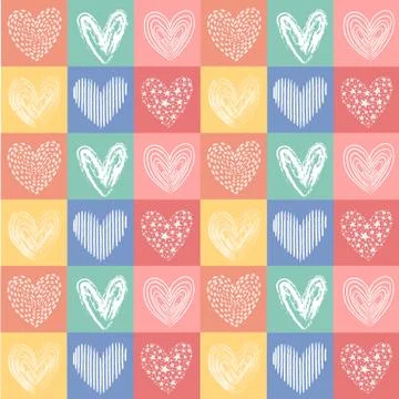 Vector hand drawn heart line vintage color pattern seamless Stock Illustration