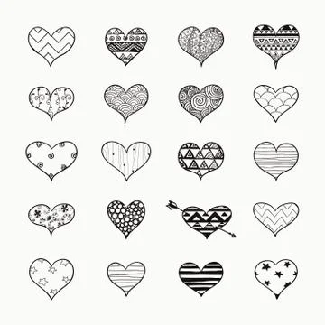 Vector Hand Drawn Heart Shapes with Doodle Patterns Stock Illustration
