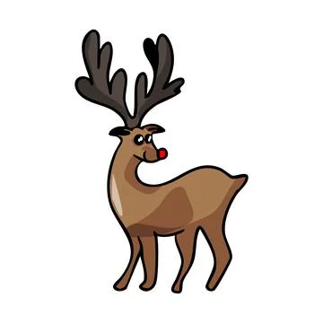 Vector hand drawn illustration of brown New Year s deer with a red nose on .. Stock Illustration