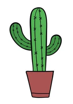 Vector hand-drawn illustration of cactus in flowerpot. Stock Illustration