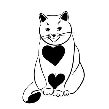 Vector hand drawn illustration of a cat with a heart on his chest ,line art Stock Illustration