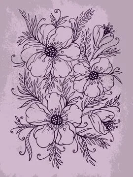 Vector hand drawn illustration with contour of flowers on textured background Illustrazione stock
