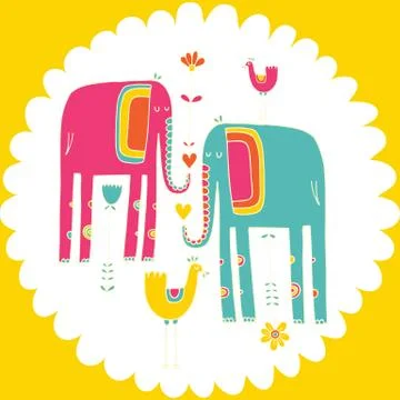 Vector hand drawn illustration with cote colorfull elephants Stock Illustration