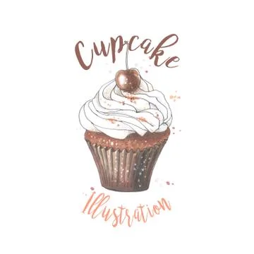 Vector hand drawn illustration of cupcake with cherry. Food llustration. Stock Illustration