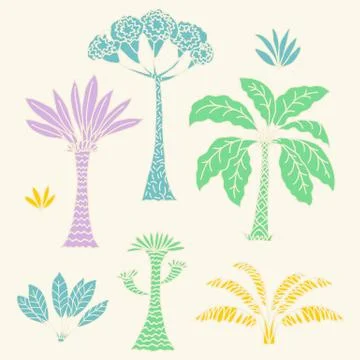 Vector hand drawn illustration with cute cartoon doodle palm trees and flowers Stock Illustration