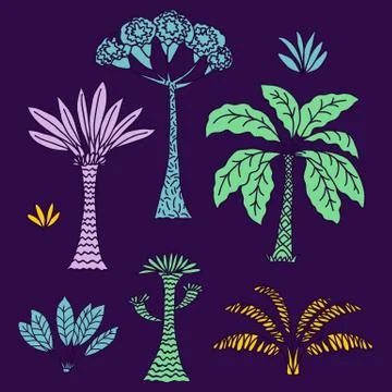 Vector hand drawn illustration with cute cartoon doodle palm trees and flowers Stock Illustration