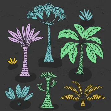 Vector hand drawn illustration with cute cartoon doodle palm trees and flowers Stock Illustration