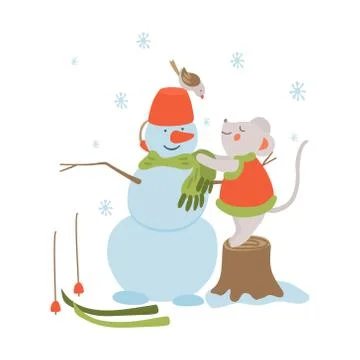 Vector hand drawn illustration of a cute little mouse and a snowman. イラスト素材