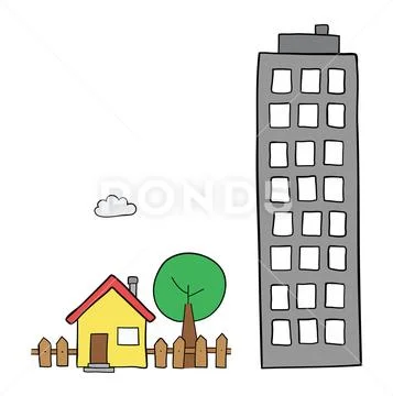 Vector hand-drawn illustration of detached house with garden, tree and tall b Stock Illustration