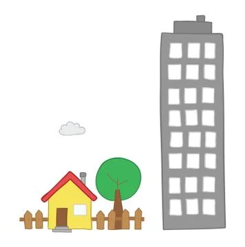 Vector hand-drawn illustration of detached house with garden, tree and tall b Stock Illustration
