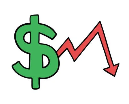 Vector hand-drawn illustration of dollar with arrow moving down. 库存插图