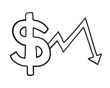 Vector hand-drawn illustration of dollar with arrow moving down. 库存插图