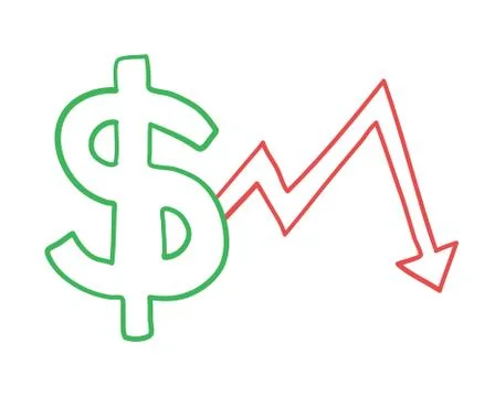 Vector hand-drawn illustration of dollar symbol with arrow moving down. Stock Illustration