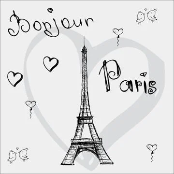 Vector hand drawn illustration with Eiffel tower. Bonjour Paris Stock Illustration
