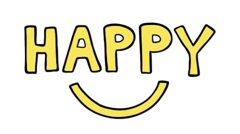 Vector hand-drawn illustration of happy word with smiling mouth. Illustrazione stock